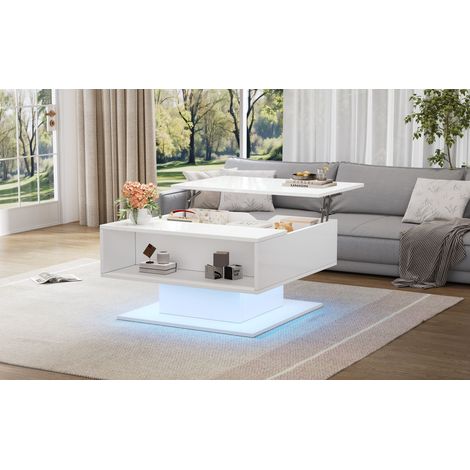 Table basse blanche relevable 80 x 75 cm avec rangement caché, espace semi-ouvert et LED via appli pour salon et bureau (1/5)