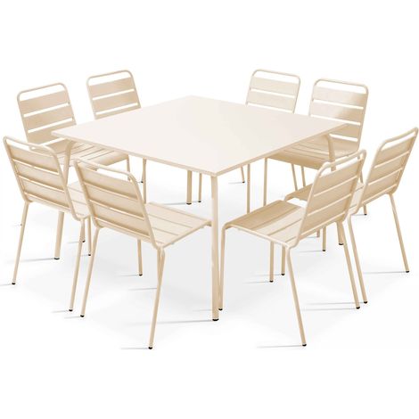 Oviala – Ensemble table et 8 chaises de jardin en métal thermolaqué – Table carrée 120x120cm – Dossier ajouré pour drainage – Empilables et faciles à entretenir