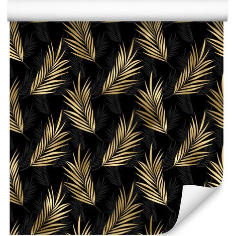 Papel pintado con estampado tropical en negro y dorado, centro ocre, 50x1000 cm. (1/5)
