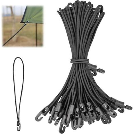 Confezione da 16 corde elastiche, corde elastiche nere con ganci, corde elastiche in gomma per teloni da campeggio, tende e rimorchi (1/5)