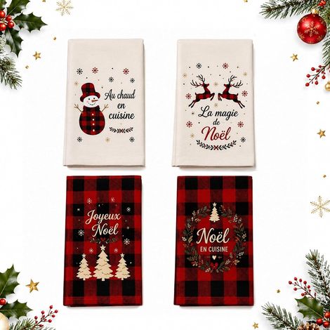 4 Pièces Torchon Noel 40 x 60 cm, Torchon de Noel Cuisine à Motifs Sapin Renne Bonhomme de Neige, Torchon Cuisine Décoratif, Torchons Noël pour Décoration Cuisine Maison Hiver Noël (1/5)