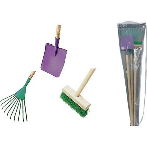 Set 3 outils de jardin enfant + sac de transport Pelle + balai + râteau