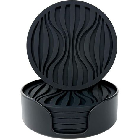 Set de 6 Dessous Verres Silicone Épais (0,5cm) - Dessous Verres Ronds, à Boissons, à Café, à Bière avec Motif Antidérapant (Noir) (1/5)