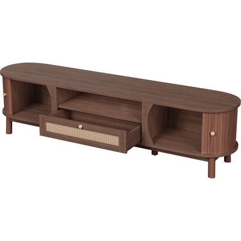 Meuble TV en rotin, portes bois massif, tiroirs, style champêtre, rangement bas pour salon,Noyer (1/5)