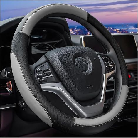 Couvre Volant Voiture, Antidérapant Couvre Volant, Respirant Housse De Volant en Cuir, Housse De Volants 37-38cm, Voiture Accessoires D'intérieur Protecteurs pour Femmes Et Hommes(Noir/Gris) (1/5)