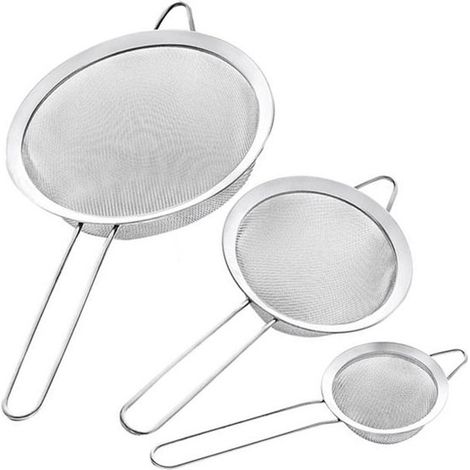 Lot de 3 tamis de cuisine en acier inoxydable, diamètres 8, 14 et 20 cm, passoires fines pour farine, sucre glace, sauces et préparations, argent (1/5)