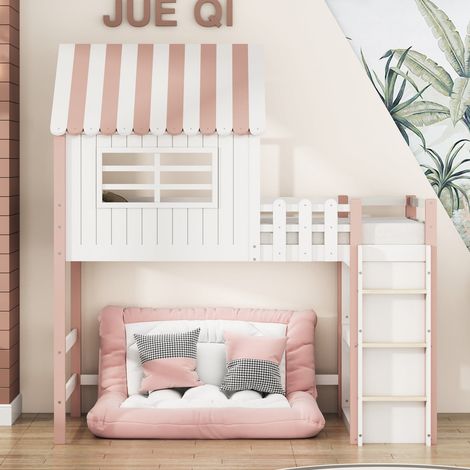 Lit cabane 90x200 cm pour enfants en bois massif rose avec échelle, étagère et sommier à lattes (1/5)