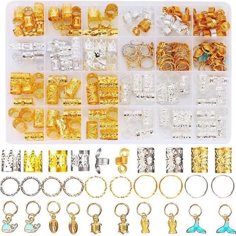 200 accessoires pour tresses & dreadlocks : anneaux, clips, perles multicolores – alliage – plusieurs tailles – lot complet (1/5)