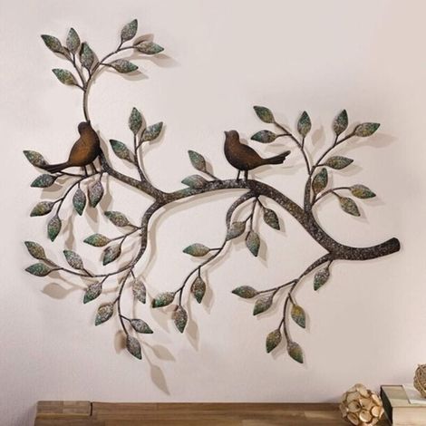 Oiseau Mural Art déco, Une Paire d'oiseaux d'amour sur Les Branches, Sculpture Murale en métal à Suspendre, décoration Murale en Fer forgé rétro,58x48CM (1/4)