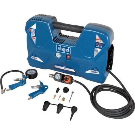 Scheppach – Compresseur portatif 2L 1100W – Pression 8 bars – Débit d’air 180L/min – Avec 12 accessoires et soufflette – Poids 8kg (1/2)