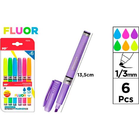 Marcadores colores fluorescentes, punta 1/3 mm, 6 uds, blister