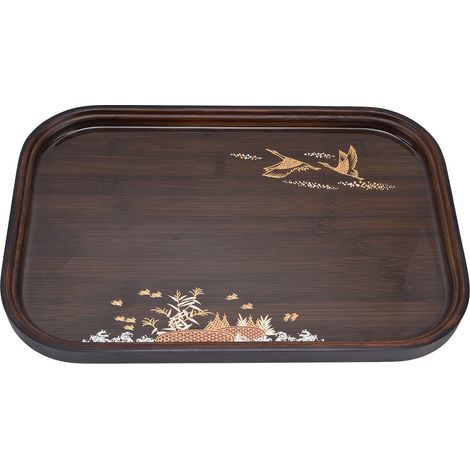 Plateau à thé en bambou japonais design simple et élégant avec finition en résine et noyer pour usage domestique, forme carrée arrondie