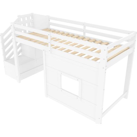 Lit mezzanine 90x200 avec escalier de rangement et fenêtre, structure robuste, gain de place pour chambre enfant, panneau bois, blanc (1/5)