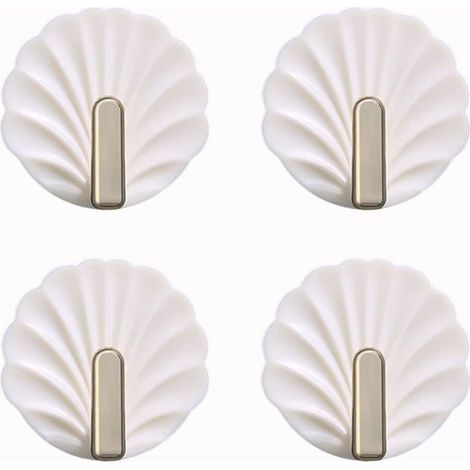 4 Crochets Muraux en Forme de Coquillage - Blanc, Crochets Adhésifs Décoratifs pour Sac à Main, Serviette et Porte-Clés, Sans Percage (1/5)