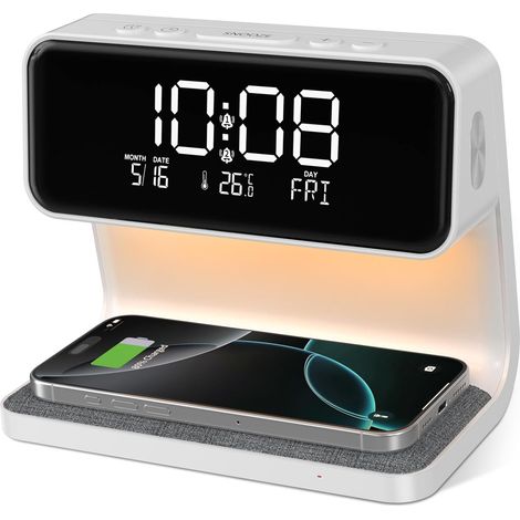 Sollbry Reveil Matin Chargeur sans Fil 15W, Réveil Digital Température Reveil Lumineux avec Variateur Tactile, 2 Alarme, Snooze Réglable, 12/24H (1/5)