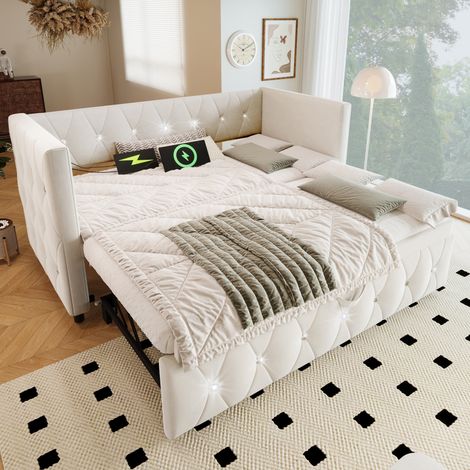 3FT Daybed Single Upholstered Bed Sofa Bed with USB &Type C Charging, with Trundle, Pull out Trundle for Living Room and Bedroom, Velvet , 90x190cm, Beige (1/5)