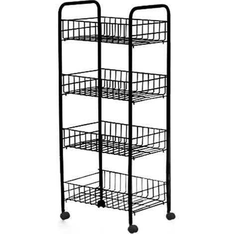 Chariot de rangement noir 4 étages avec roulettes, capacité de charge élevée, éclairage LED, idéal pour chambre et cuisine, 4 coussins inclus. (1/5)