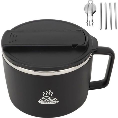 Bol à ramen micro-ondable, acier inoxydable 304, 1200 ml, noir + baguettes/cuillère + couvercle Bureau (1/5)