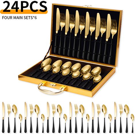 Service de 24 couverts en acier inoxydable – pour 6 personnes – avec coffret – acier inoxydable – noir/or (1/5)