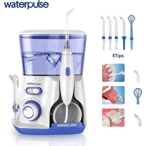 Elektrische Munddusche – 10 Druckstufen – 5 Düsen inklusive – 800 ml für die Mundhygiene, Blau (1/5)