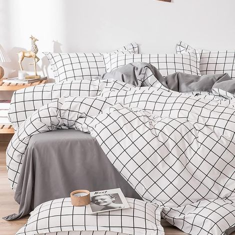 Housse de Couette 200x230 à Carreaux - Parure de Lit en Microfibre Réversible Blanc et Gris avec Fermeture éclair - Linge de Lit Adulte 2 Personnes Taie d'oreiller 50 x 75 cm (1/4)