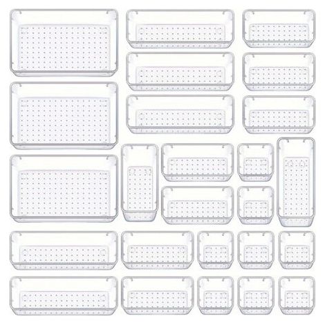 Set di 25 organizer per cassetti in 4 misure, in plastica trasparente, perfetti per bagno, toeletta, ufficio, cucina, attrezzi e trucchi. (1/5)
