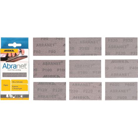 Mirka Abranet Bandes abrasives pour maille 70 mm x 125 mm Lot de 1 de chaque grain 80, 100, 120, 150, 180, 220, 320, 400, 600 / 9 pièces pour poncer bois, spatule, vernis, plastique