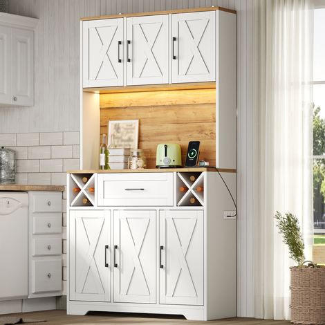 Armario Alto de Cocina, 2 Puertas, Cajón, Botelleros Extraíbles, LED RGB y Enchufes, Natural Blanco, 105×40×180 cm (1/5)