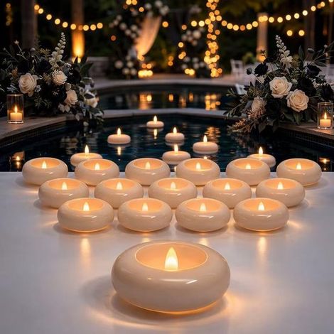 Bougies sans flamme étanches - Bougies chauffe-plat LED de 200 heures de 2,2" avec pile - Activées par l'eau - pour piscine, mariage, bain et spa, décoration intérieure - Blanc élégant - 24 pièces (1/5)