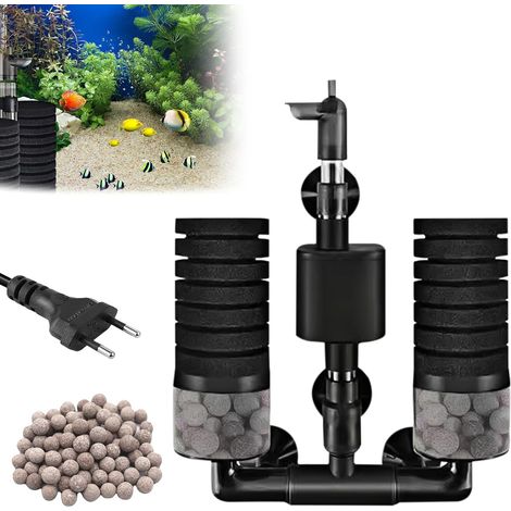 Filtre Éponge d'Aquarium avec Pompe, Filtre Interne Aquarium avec 1 Sac Billes Céramique, Electrique Filtre Aquarium Réglable, Double Filtre Eponge Interieur pour Aquariums de Différentes Profondeurs (1/5)