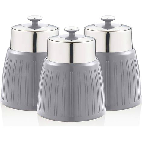 SWAN SWKA1024GRN Set 3 Botes Cocina Almacenaje 1,2 L, Plástico y Acero Inox, Especias, Té ,Café, Retro, Vintage Gris (1/4)