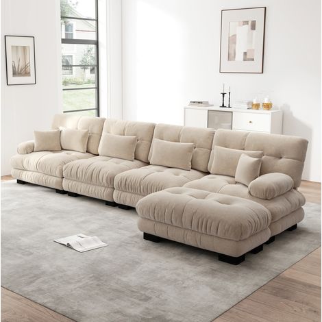 Canapé 4 places modulable, canapé d'angle avec repose-pieds amovibles et 2 coussin, tissu chenille beige, assise profonde,406 x145 x81cm (1/5)