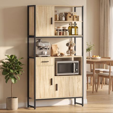 Buffet Haut Cuisine, Armoire 3 Portes Fermeture Douce, Tiroir, Plan Travail, Naturel (1/5)