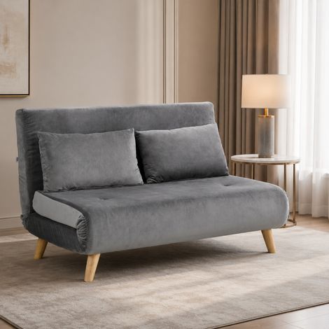 Sofá cama 2 plazas convertible con respaldo reclinable, efecto terciopelo gris, 130 x 78 x 79 cm (1/5)