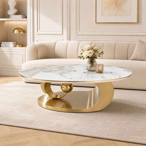 Marbre Blanc et Acier Doré Bords Arrondis Sécurisés Table Basse Ovale pour Salon et Canapé (1/5)