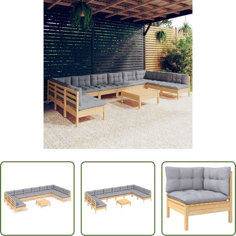 Terrassensofa - 11-tlg. Garten-Lounge-Set mit Grauen Kissen Kiefer Massivholz (1/5)