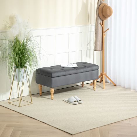 Banc coffre de rangement 2 en 1 banquette en velours avec couvercle à charnière capitonné et pieds en bois - gris foncé