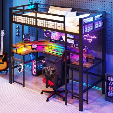 Lit Mezzanine 90x200 avec Bureau et LED, Cadre Métal Noir, USB et Prises, Panneau Perforé, Lit Ado Gamer (1/5)