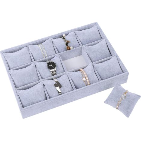 Caja de almacenamiento de joyas para relojes de moda, vitrina para pulseras, 12, almohadas de rejilla, bandeja abierta, estante de almacenamiento de joyas, bandeja de madera para joyas, 12 rejillas, c
