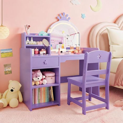 Coiffeuse 2 en 1 pour Enfants avec Miroir Lumineux LED et Tabouret - Table de Maquillage Princesse en Bois avec Bibliothèque et Rangements pour Chambre de Fille