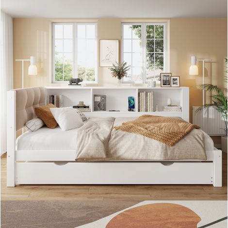 Cama individual nido con estantería USB LED en blanco OKMYHOME (1/5)