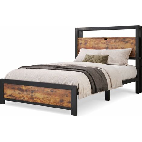 Letto singolo 90x200 cm in metallo e legno con testiera contenitore, rete metallica e spazio sotto il letto, stile industriale - CHICFURN (1/5)
