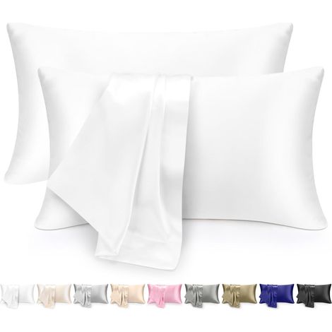 Lot de 2 Taie d'oreiller Satin 51x76cm, Fermeture Éclair, Douceur Soie, Protection Cheveux Peau, Blanc (1/5)