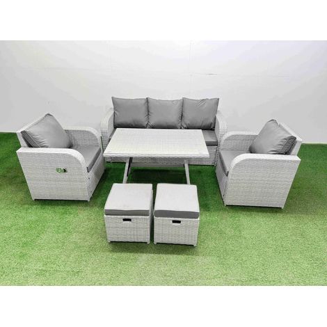 Fimous Reclining Chair 3 Seat Sofa Set Garden Furniture Set with Rectangular Dining Table 2 Small Footstools Light Grey (1/4)