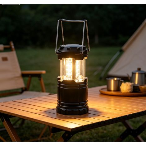 Lampe de camping LED robuste, lampe de tente étanche et portable couleur noire, 30 LEDs, dimension 25 cm, éclairage puissant et autonome pour extérieur, randonnée et loisirs nocturnes (1/3)