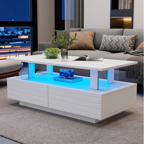 Table basse LED 100x50x42,5 cm blanche avec rangement, panneaux de particules et acrylique MEUBLIV (1/5)