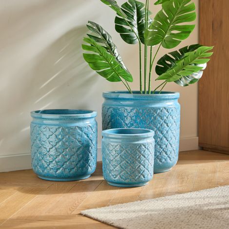 Pots céramique bleus géométriques – Lot 3 – Ø38/30/23cm – Orchidées – Terre cuite – Intérieur/Extérieur – Rebords fenêtre (1/5)