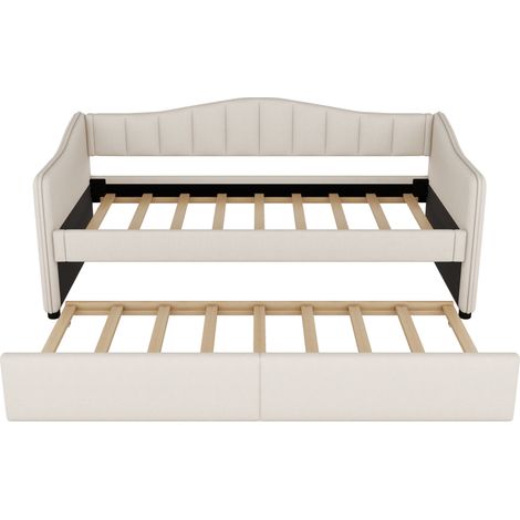 Letto banquette 90x200 cm con letto estraibile, lino beige, LED d’atmosfera, senza materasso (1/5)