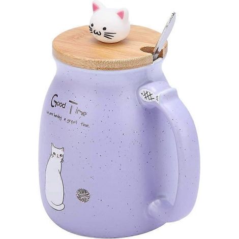Personalisierter Kaffeebecher, keramischer Teebecher in Katzenform mit Holzdeckel und Edelstahllöffel (1/5)