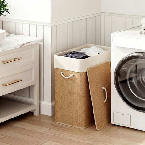 Panier à linge double avec couvercle, panier à linge en bambou de 100 litres avec poignées en corde (1/5)